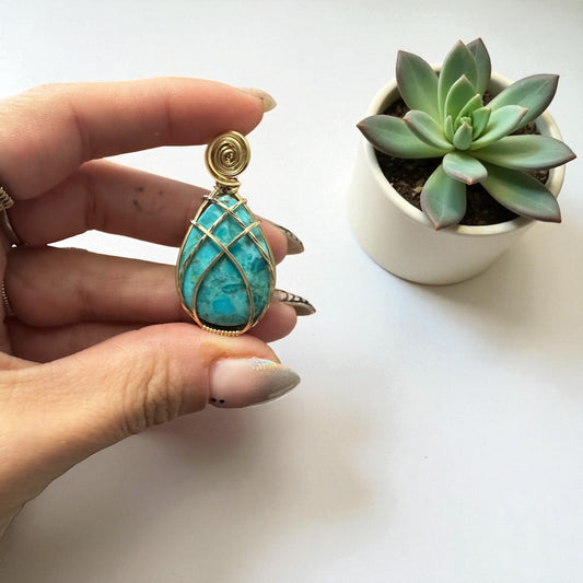 14kt Gold Filled Wire Wrapped Turquoise Crystal Bezel Pendant