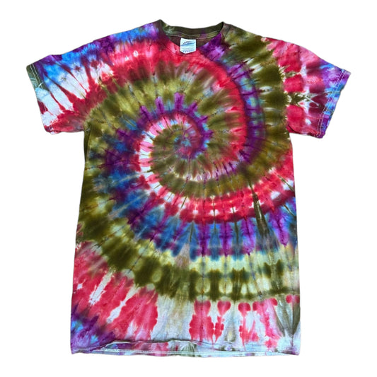 Adult Small Moss Green Pink Purple and Blue Spiral Ice Dye Tie Dye Shirt