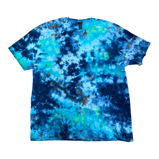 Adult XL Blues and Green Scrunch Ice Dye Tie Dye T-Shirt