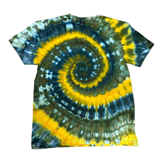 Adult Medium Yellow Blue and Green Spiral Ice Dye Tie Dye Shirt
