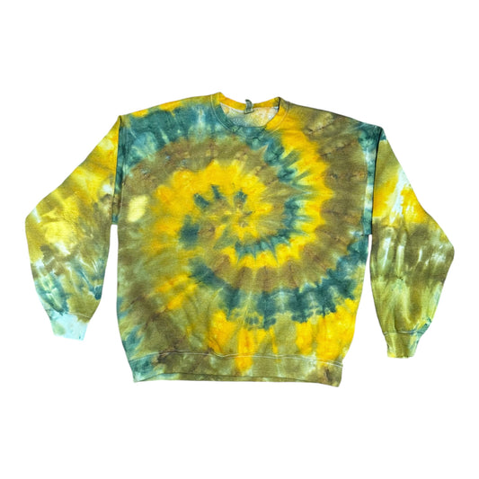 Adult XL Gold Green and Moss Green Spiral Ice Tie Dye Crewneck Sweater