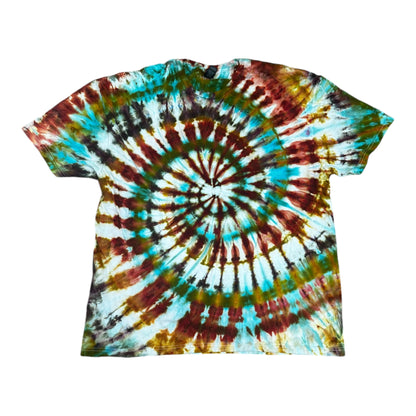 Adult 2XL Green Yellow Redish Orange and Blue Spiral Ice Dye Tie Dye Shirt