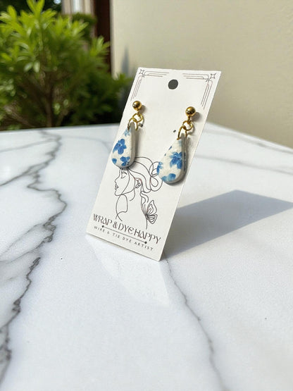 Hypoallergenic Blue Wildflower Floral Teardrop Clay Dangle Earrings