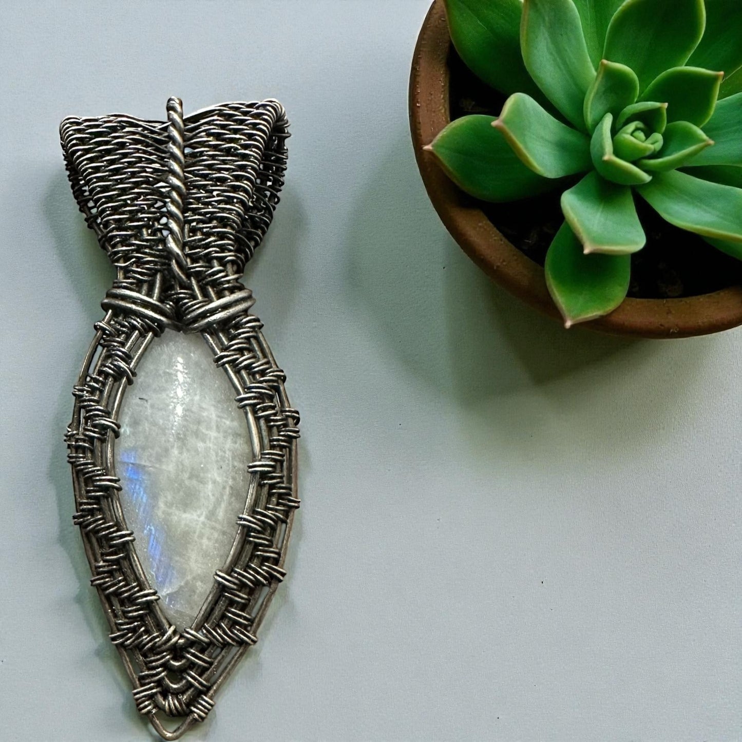 Sterling Silver Intricate Wire Wrapped Moonstone Crystal Pendant