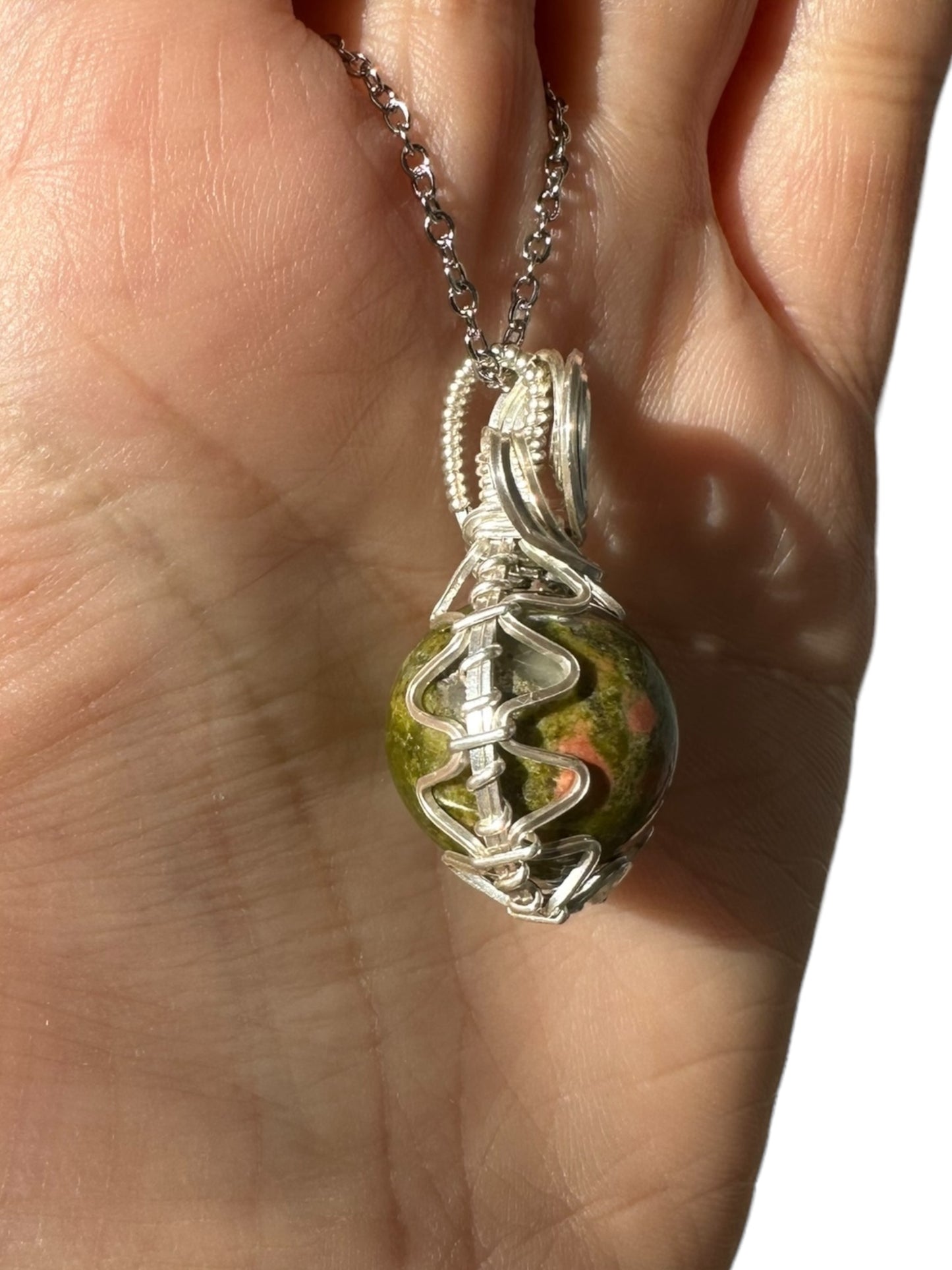 Sterling Silver Wire Wrapped Unakite Crystal Fidget Bezel Pendant