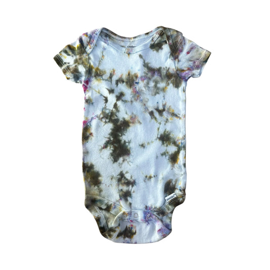 Infant 6-9 Months Brown Purple Blue and Green Scrunch Ice Dye Tie Dye Onesie