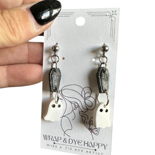 Hypoallergenic Hanging Coffin and Ghost Clay Dangle Earrings