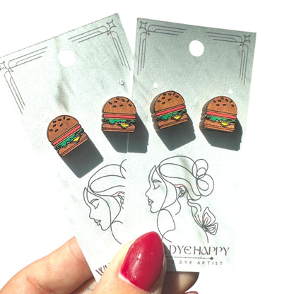 Hypoallergenic Hand Painted Burger Laser Engraved Wood Earrings
