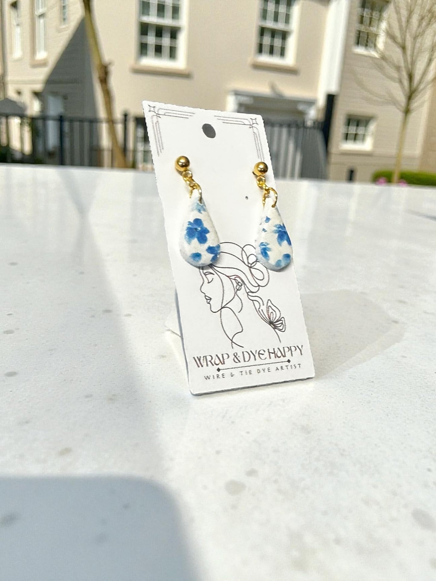 Hypoallergenic Blue Wildflower Floral Teardrop Clay Dangle Earrings