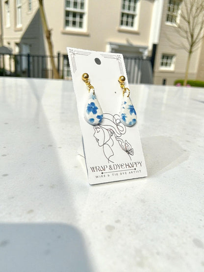 Hypoallergenic Blue Wildflower Floral Teardrop Clay Dangle Earrings