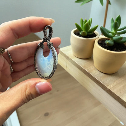 Sterling Silver Intricate Wire Wrapped Opalite Moon Crystal Pendant