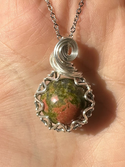 Sterling Silver Wire Wrapped Unakite Crystal Fidget Bezel Pendant