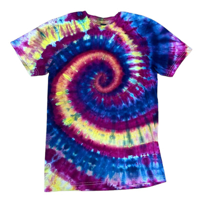 Adult XS Yellow Indigo and Purple Spiral Ice Dye Tie Dye Shirt