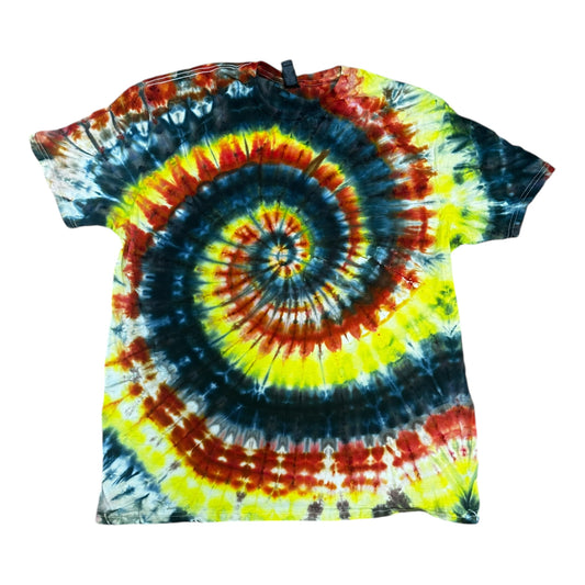 Adult XL Black Yellow and Red Spiral Ice Dye Tie Dye T-Shirt