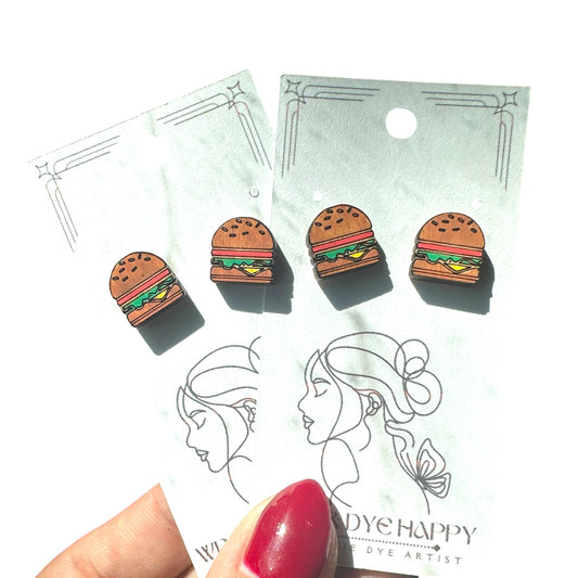 Hypoallergenic Hand Painted Burger Laser Engraved Wood Earrings