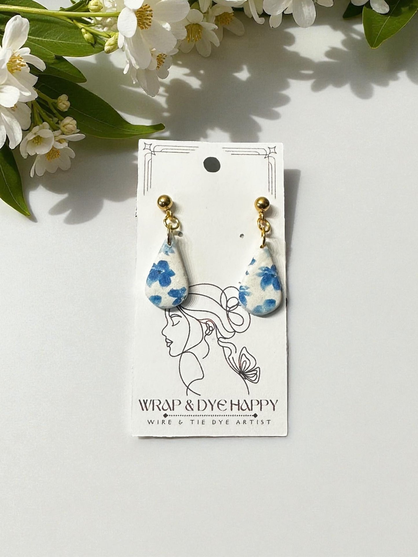 Hypoallergenic Blue Wildflower Floral Teardrop Clay Dangle Earrings
