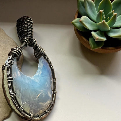 Sterling Silver Intricate Wire Wrapped Opalite Moon Crystal Pendant