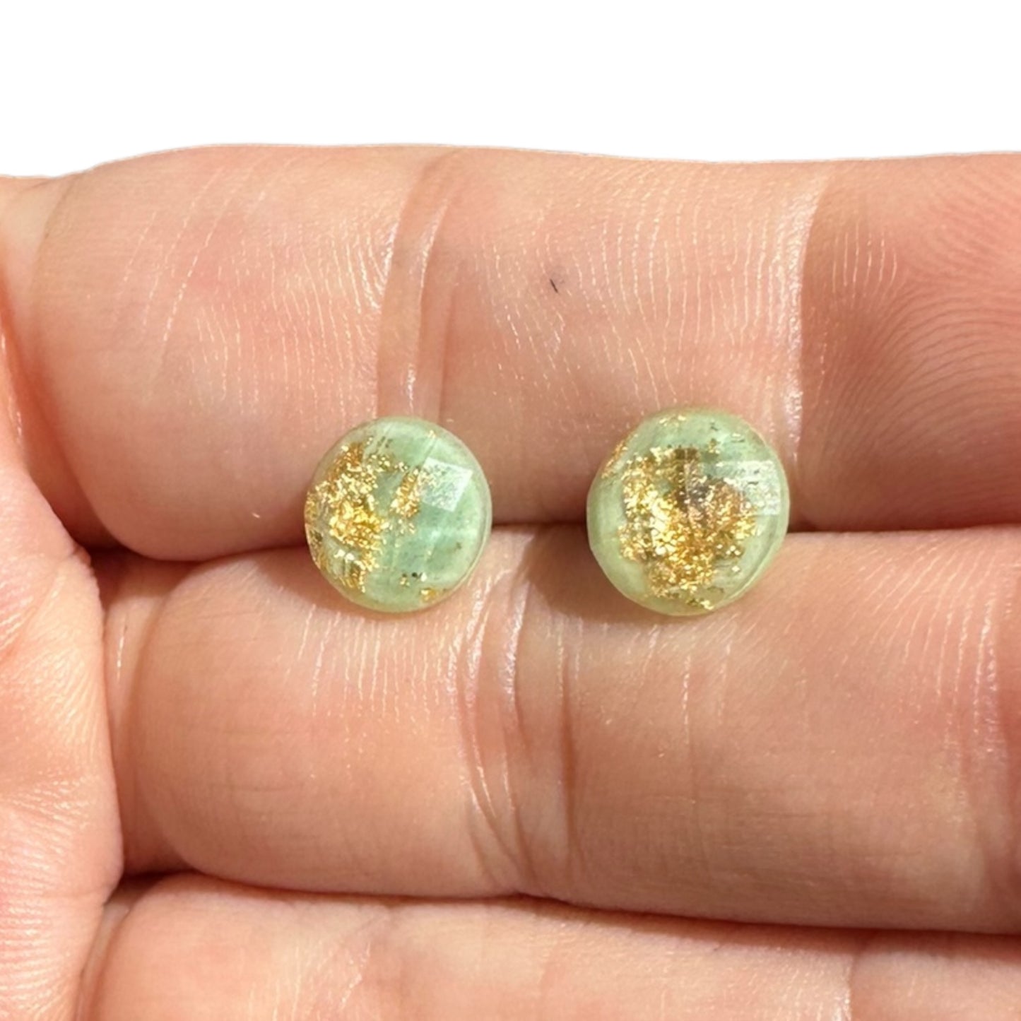 8MM Hypoallergenic Mint and Gold Leaf Faceted Epoxy Resin Earrings