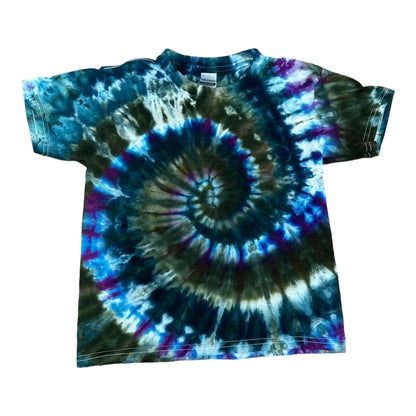 Youth XS Blue and Green Spiral Ice Dye Tie Dye T-Shirt