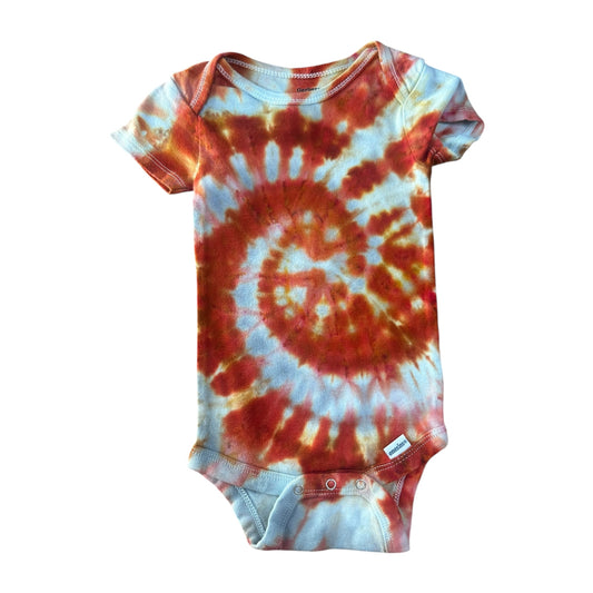 Infant 12 Month Gray and Rust Red Orange Spiral Ice Dye Tie Dye Onesie