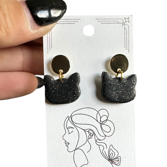 Hypoallergenic Hanging Black Cat Clay Dangle Earrings