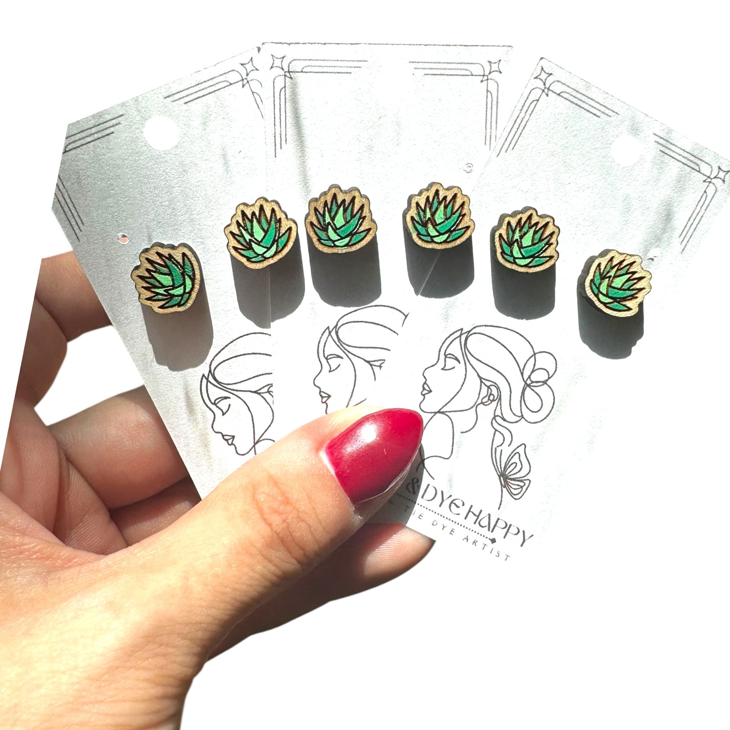 Hypoallergenic Hand Painted Pointy Succulent Laser Engraved Wood Stud Earrings