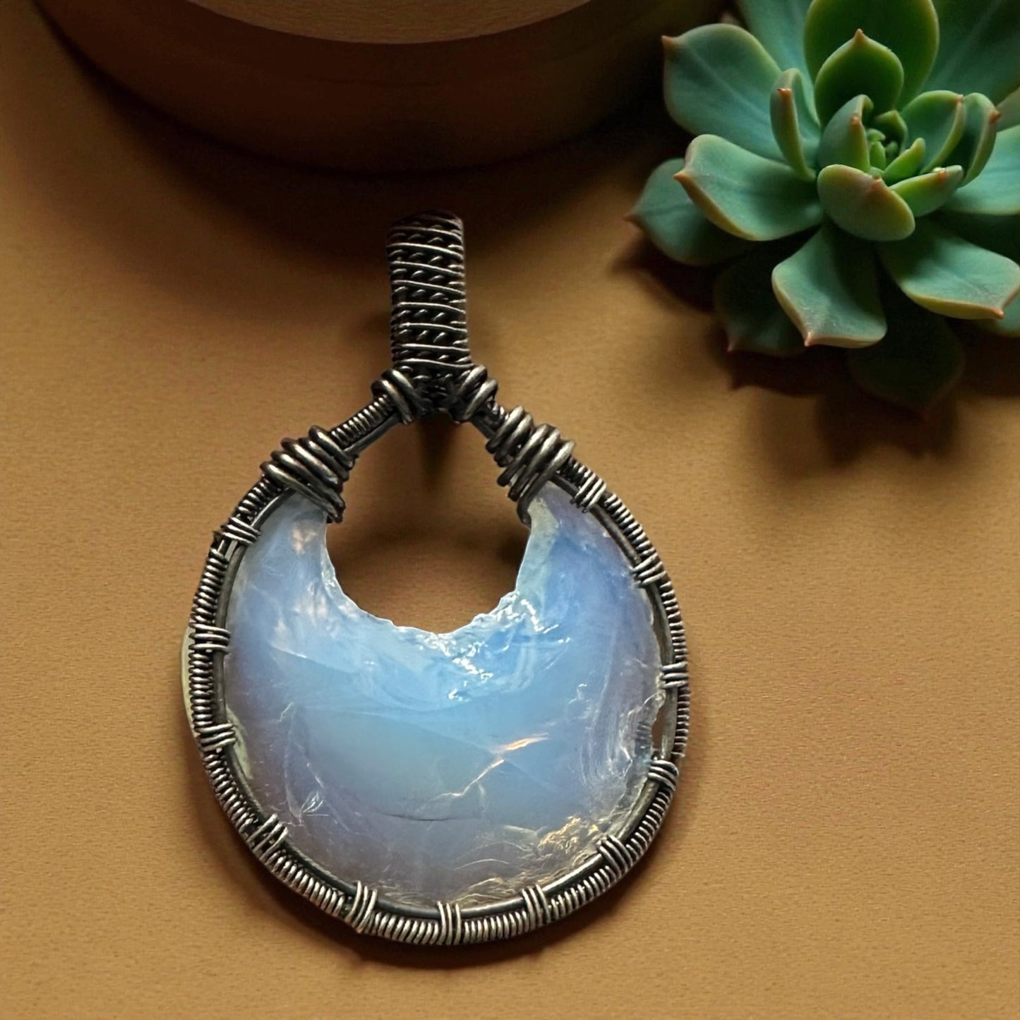 Sterling Silver Intricate Wire Wrapped Opalite Moon Crystal Pendant