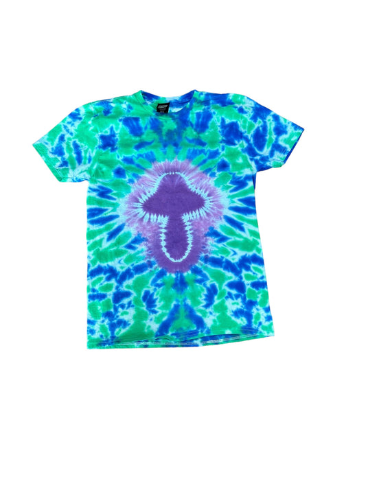 Adult Small Blue Green and Purple Mushroom Tie Dye Shirt