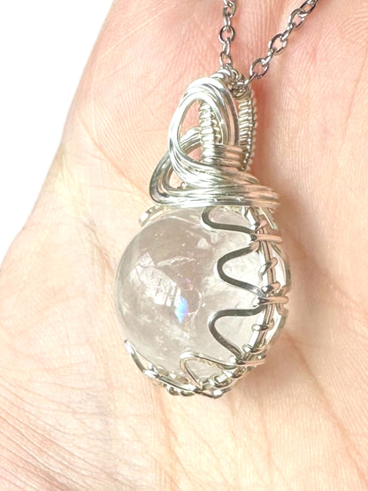 Sterling Silver Wire Wrapped Clear Quartz Crystal Fidget Bezel Pendant