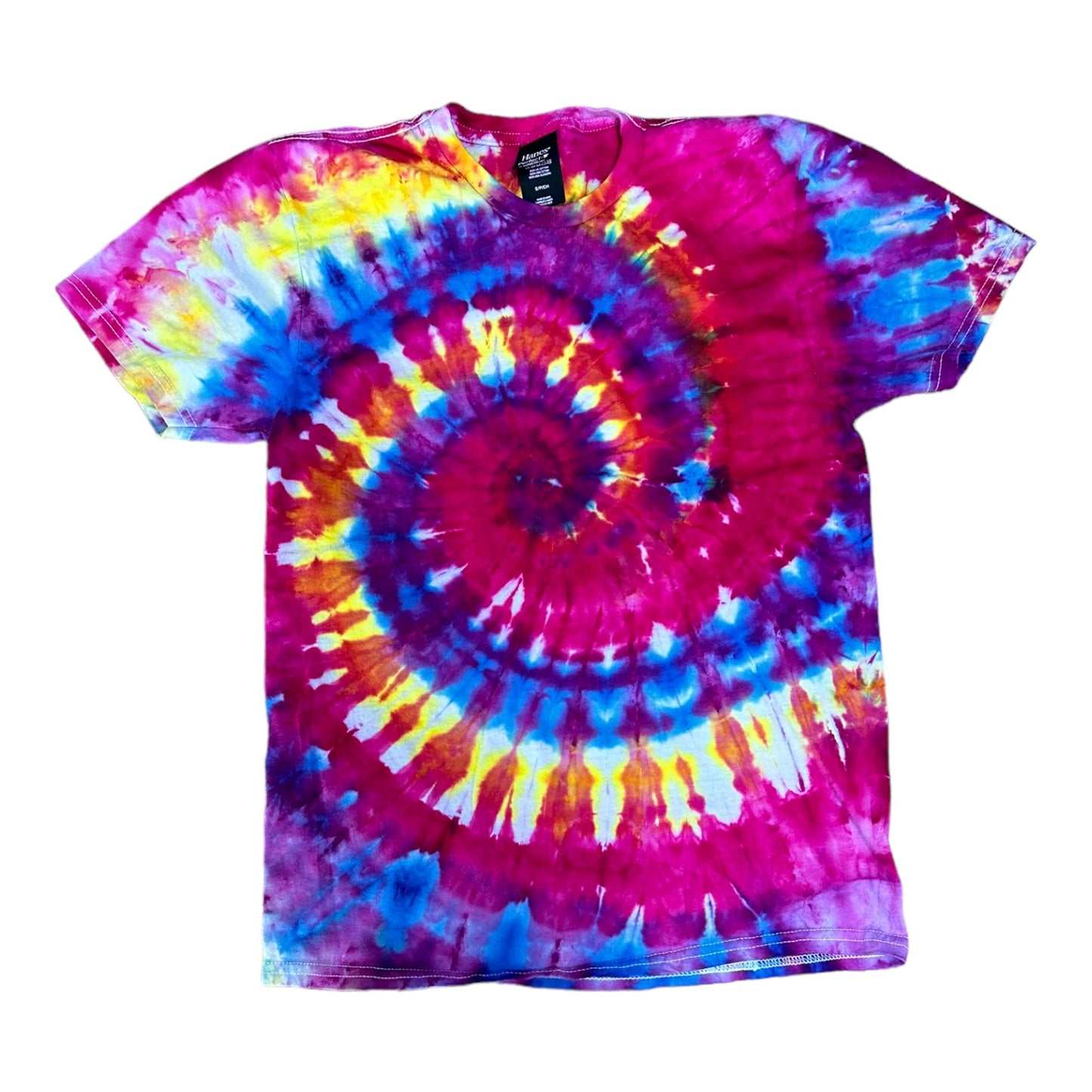 Adult Small Purple Yellow Orange and Fuschia Spiral Ice Dye Tie Dye Shirt