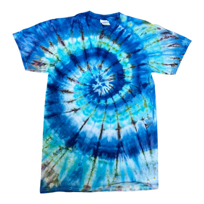 Adult Small Blue Green and Brown Spiral Ice Dye Tie Dye Shirt