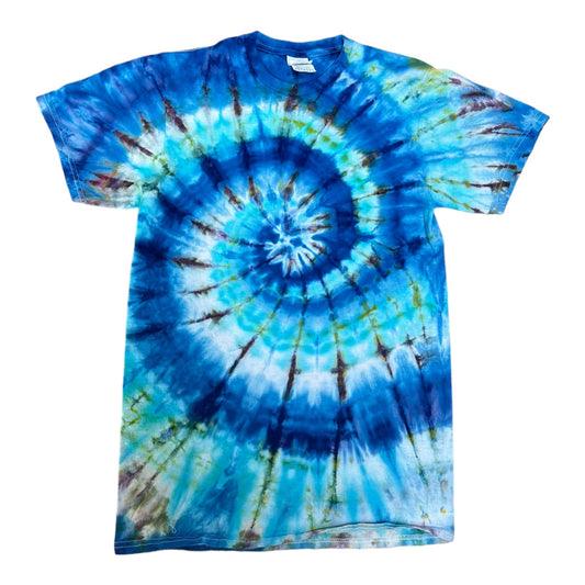 Adult Small Blue Green and Brown Spiral Ice Dye Tie Dye Shirt