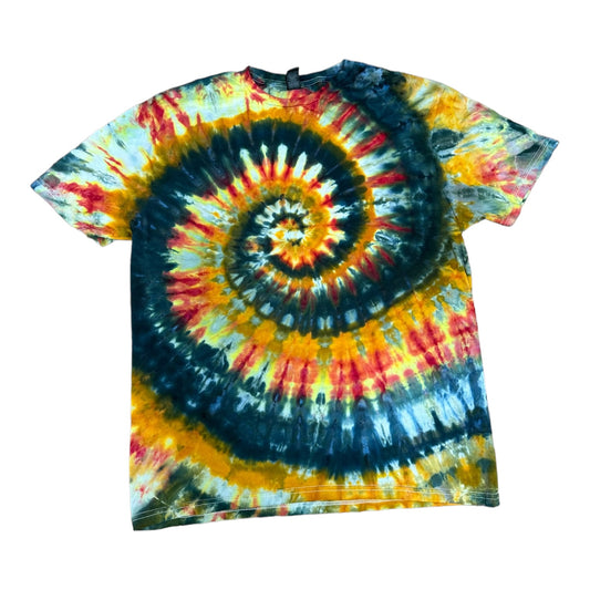 Adult Large Red Golden Yellow and Black Spiral Ice Dye Tie Dye Shirt