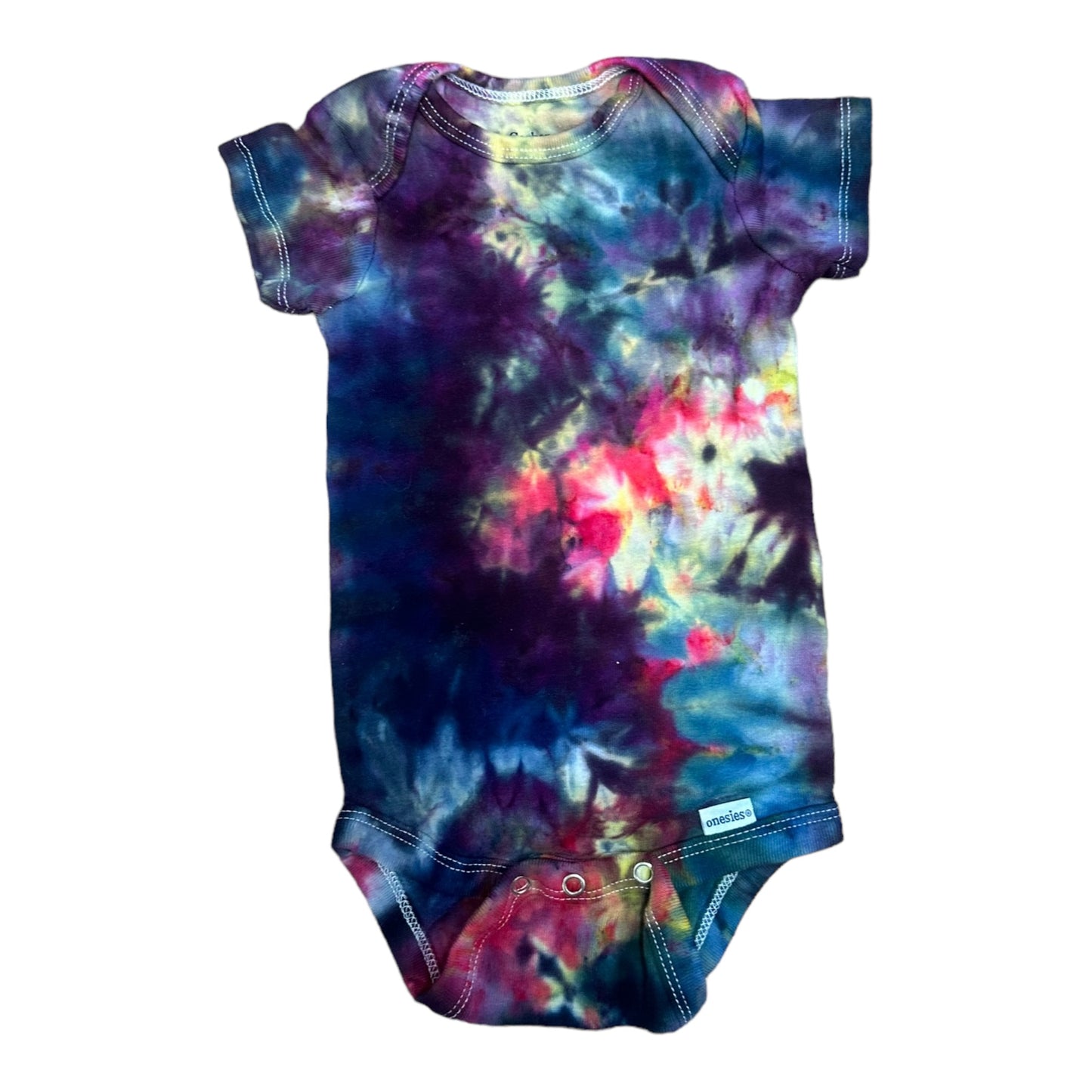 Infant 3-6 Months Purple Pink Yellow Green and Blue Scrunch Ice Dye Tie Dye Onesie