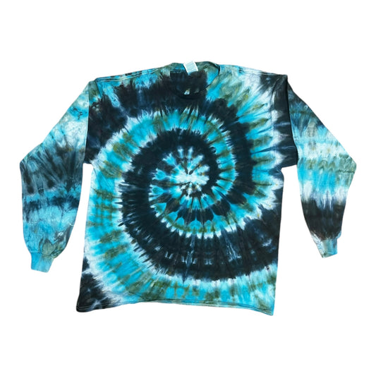 Adult xl Blue Black and Green Spiral Ice Dye Tie Dye Long Sleeve T-Shirt