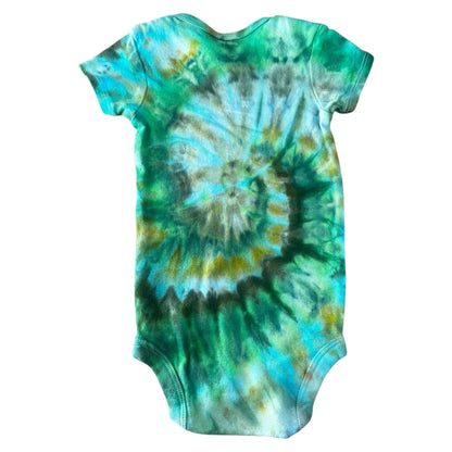 Infant 6-9 Months Blue Brown Yellow and Green Spiral Ice Dye Tie Dye Onesie