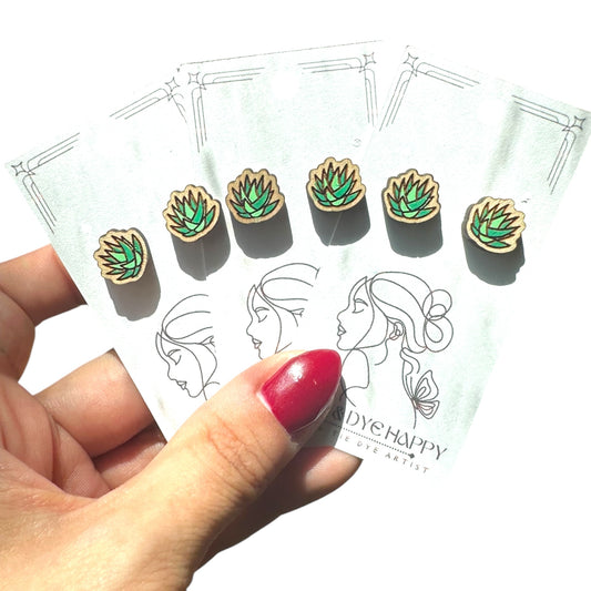 Hypoallergenic Hand Painted Pointy Succulent Laser Engraved Wood Stud Earrings