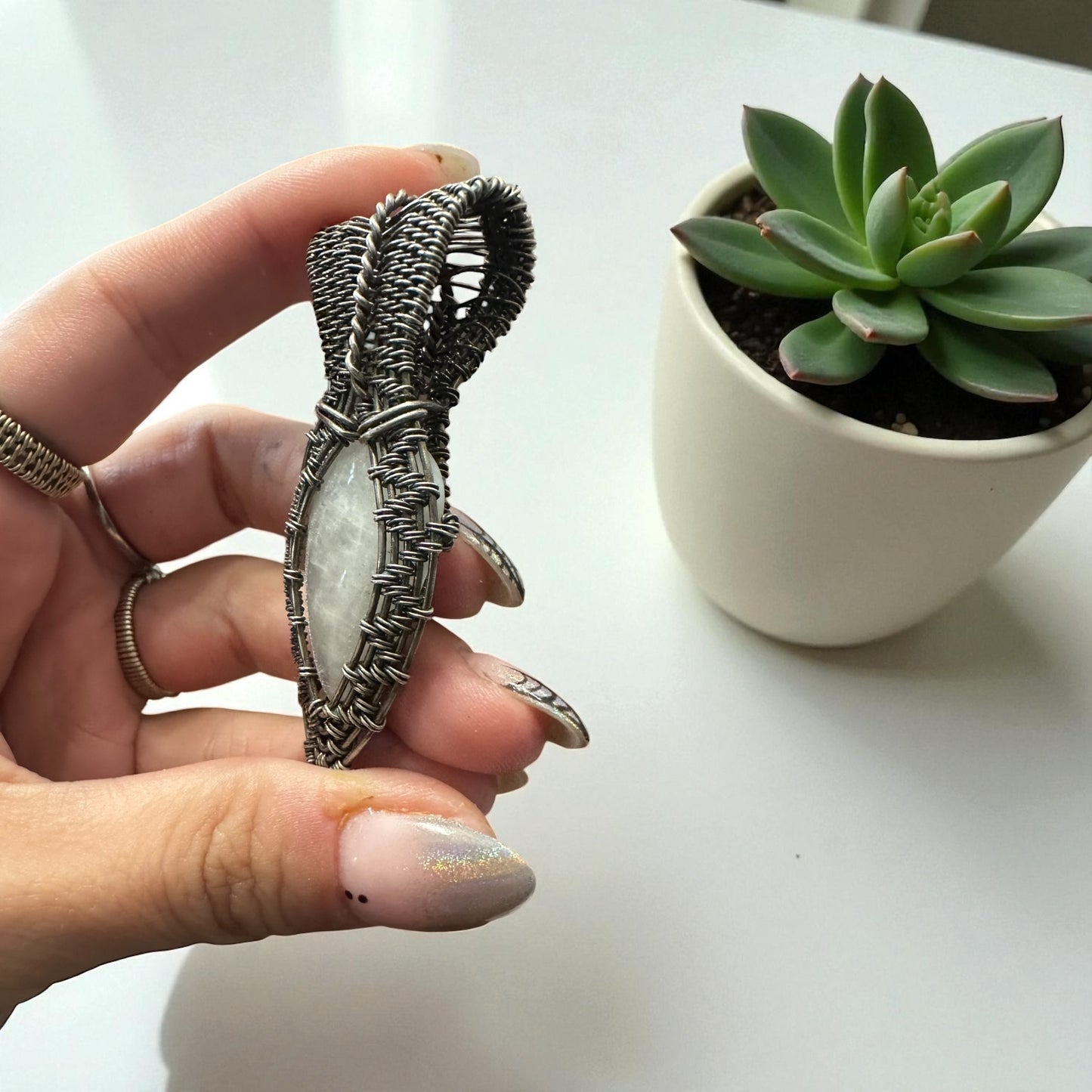 Sterling Silver Intricate Wire Wrapped Moonstone Crystal Pendant