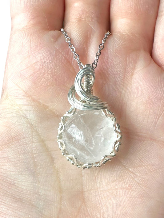 Sterling Silver Wire Wrapped Clear Quartz Crystal Fidget Bezel Pendant