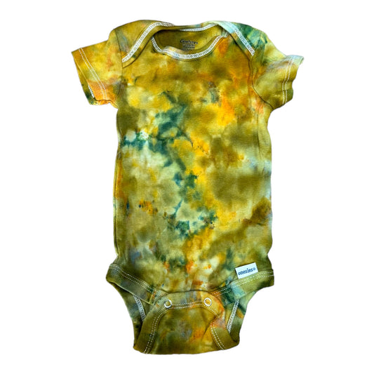 Infant 0-3 Months Green and Golden Yellow Scrunch Ice Dye Tie Dye Onesie