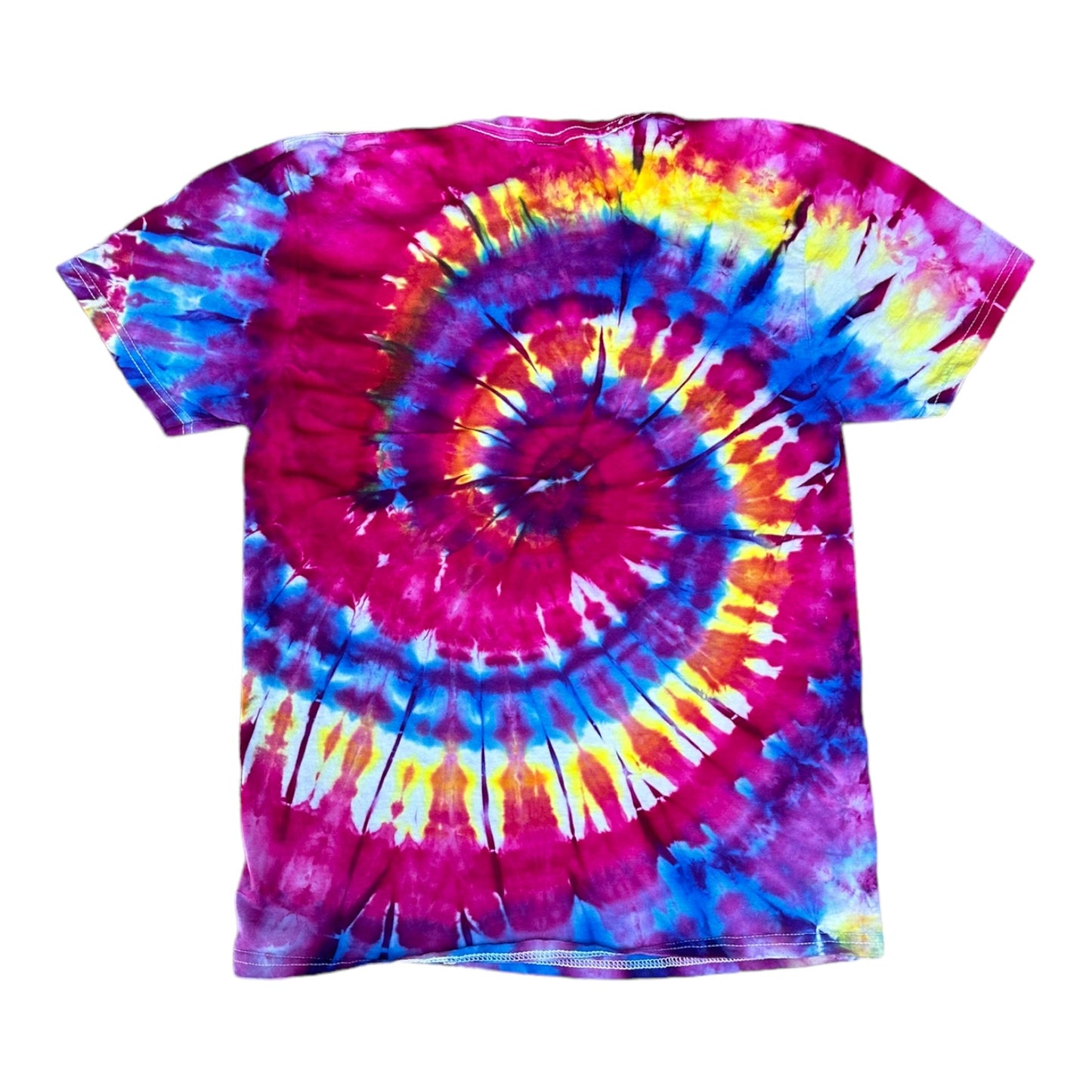 Adult Small Purple Yellow Orange and Fuschia Spiral Ice Dye Tie Dye Shirt