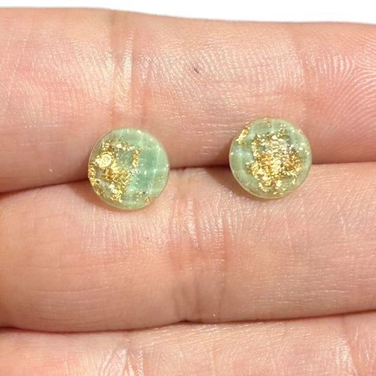 8MM Hypoallergenic Mint and Gold Leaf Faceted Epoxy Resin Earrings