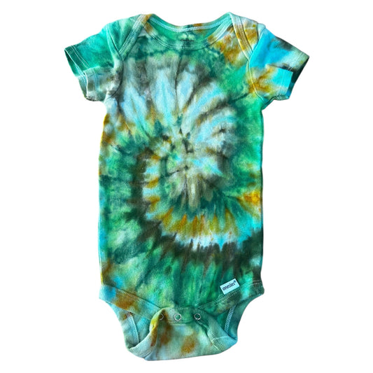 Infant 6-9 Months Blue Brown Yellow and Green Spiral Ice Dye Tie Dye Onesie