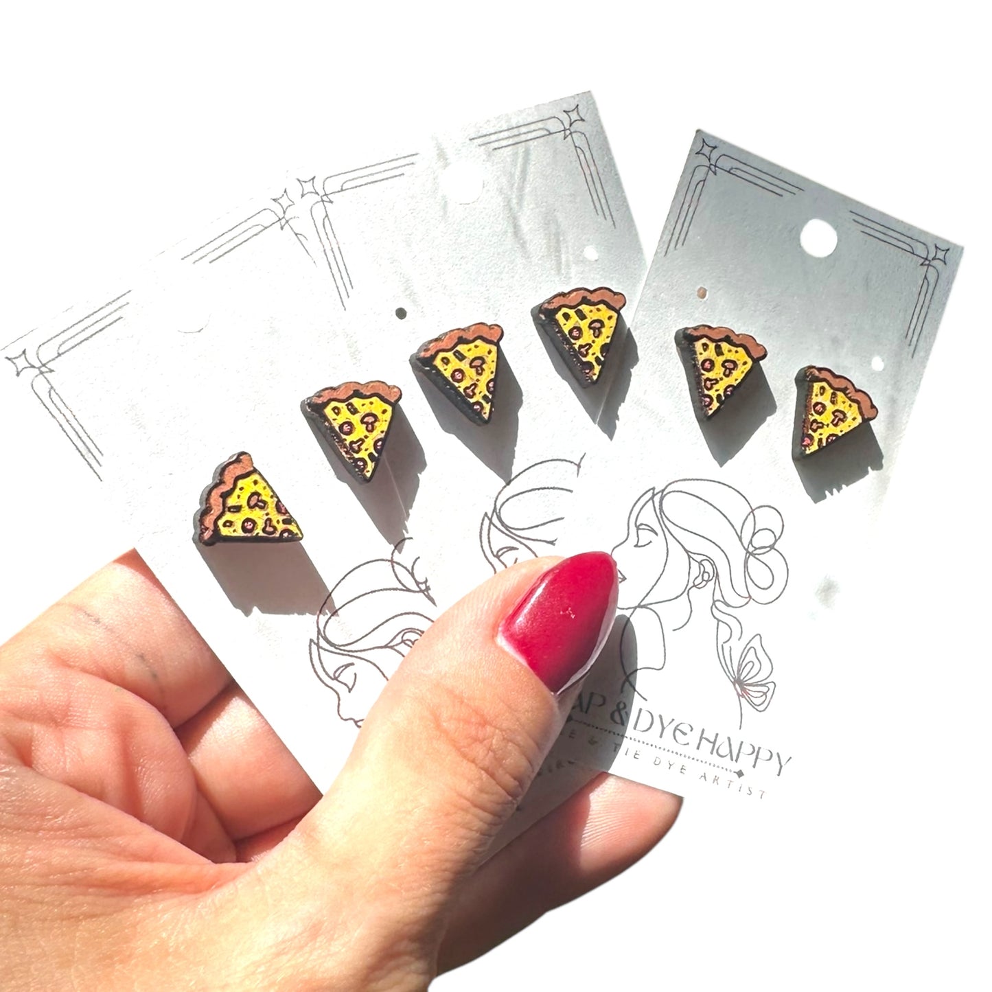 Hypoallergenic Hand Painted Pizza Slice Laser Engraved Wood Stud Earrings