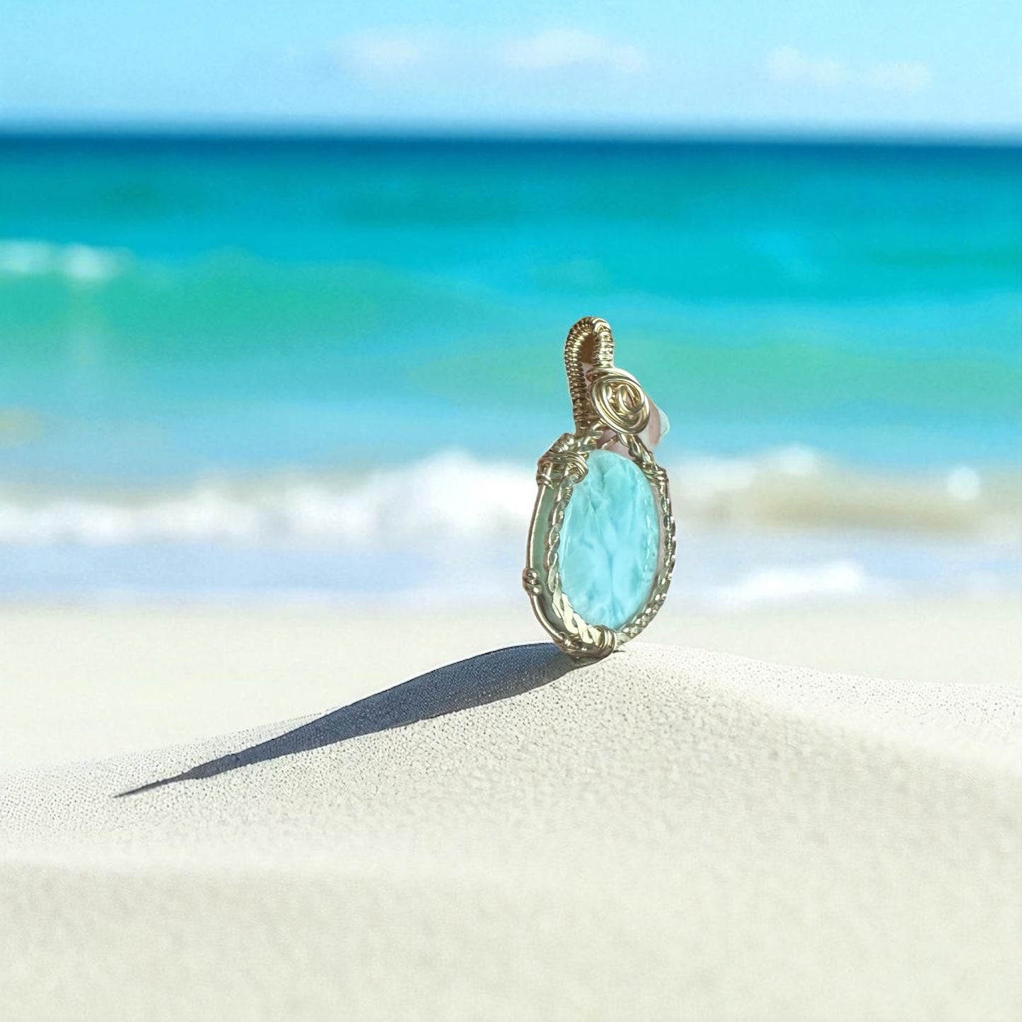 14KT Gold Filled Wire Wrapped Larimar Crystal Pendant