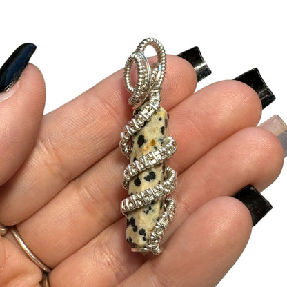 Sterling Silver Dalmatian Japser Coiled Cage Crystal Pendant