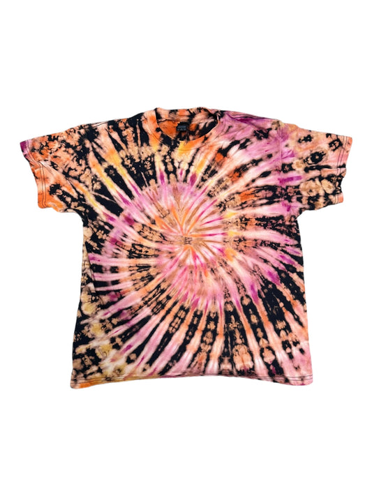 Youth Large Orange Yellow and Pink Reverse Spiral Tie Dye Shirt