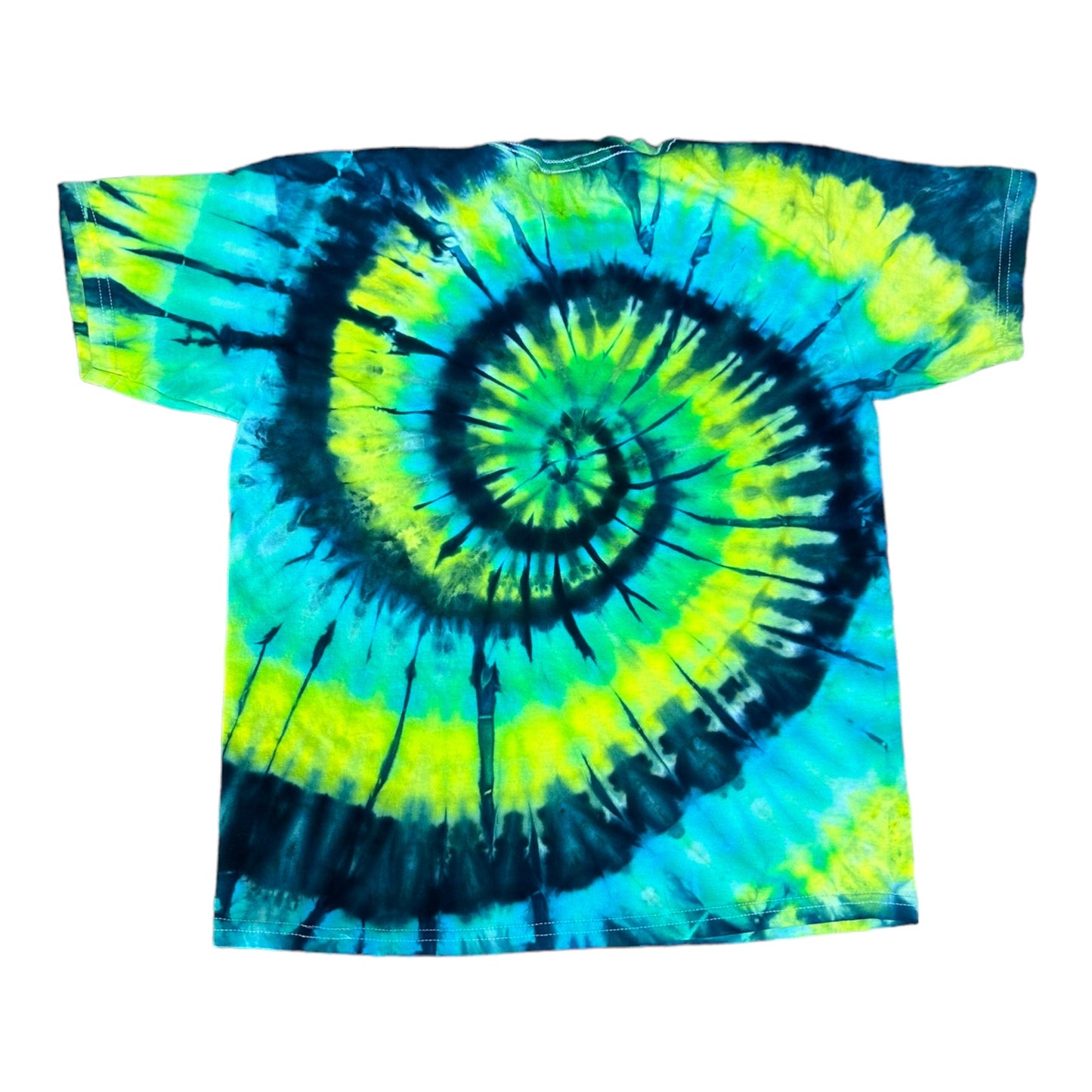 Youth XL Blue Green and Yellow Green Spiral Ice Dye Tie Dye Shirt