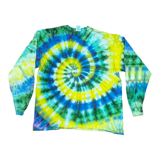 Adult XL Blue Yellow and Green Spiral Ice Dye Tie Dye Long Sleeve T-Shirt