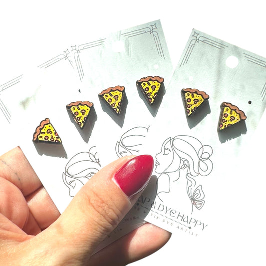 Hypoallergenic Hand Painted Pizza Slice Laser Engraved Wood Stud Earrings